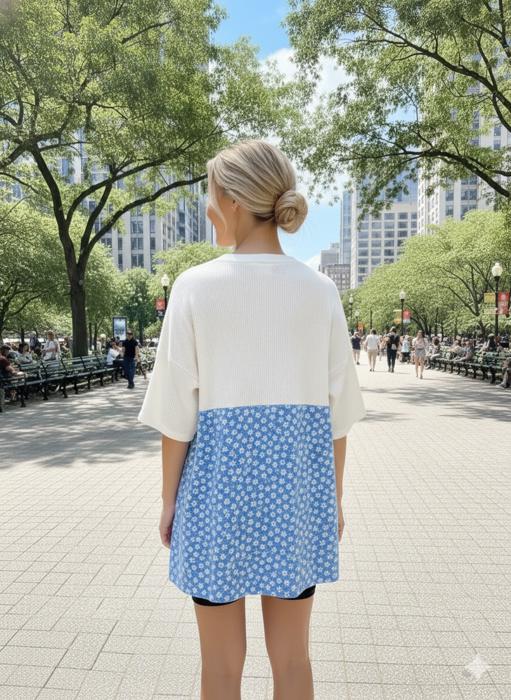 WAVE RIB TUNIC WITH DITSY PRINT CONTRAST