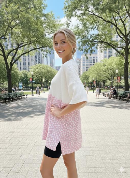 WAVE RIB TUNIC WITH DITSY PRINT CONTRAST