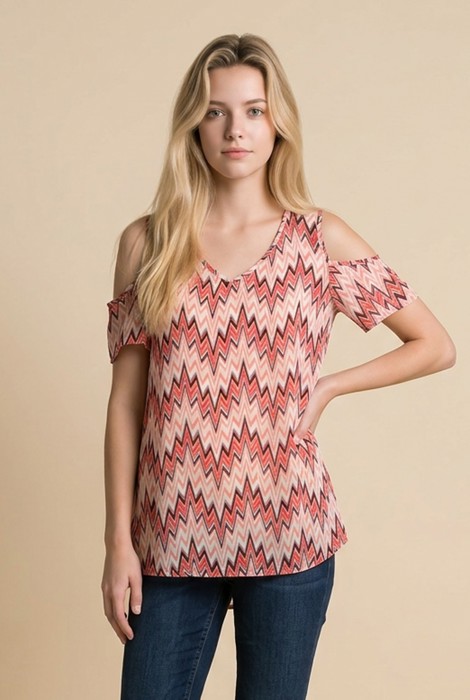 CHIFFON CHEVRON PRINT COLD SHOULDER TOP
