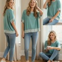 Large GREEN SOLID HALF SLEEVE CROP TOP WITH STRIPE SLEEVES