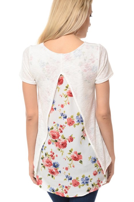 SOLID TUNIC TOP WITH FLORAL BACK CONTRAST