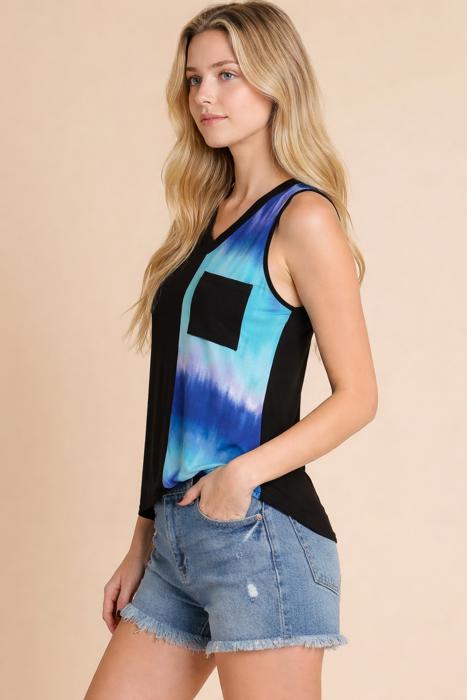 COLOR BLOCK V-NECK SLEEVELESS TOP WITH POCKET