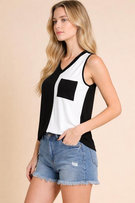 COLOR BLOCK V-NECK SLEEVELESS TOP WITH POCKET