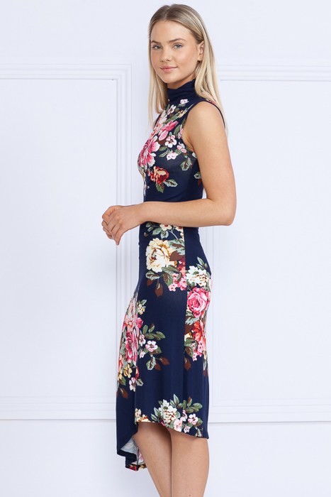 FLORAL HIGH NECK SLEEVELESS POINTED BOTTOM DRESS