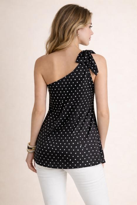 SATIN POLKADOT ONE SHOULDER TOP SHOULDER TIE