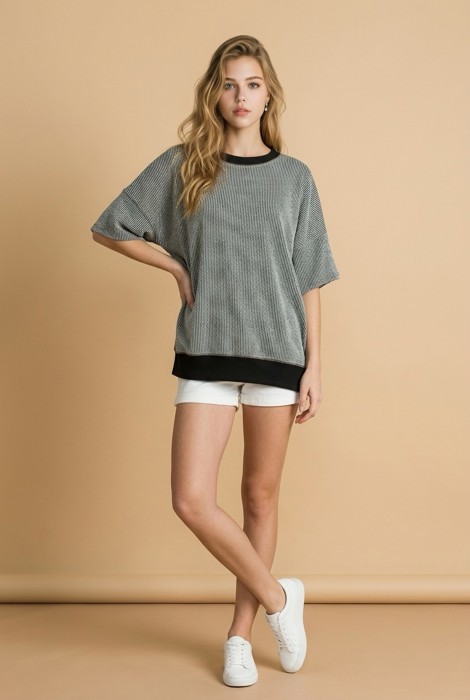 OVERSIZED TWO TONE WAVE RIB SHORT SLEEVE TUNIC