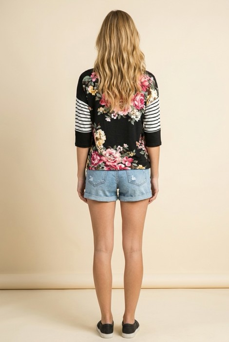FLORAL TUNIC TOP WITH CONTRAST SLEEVES