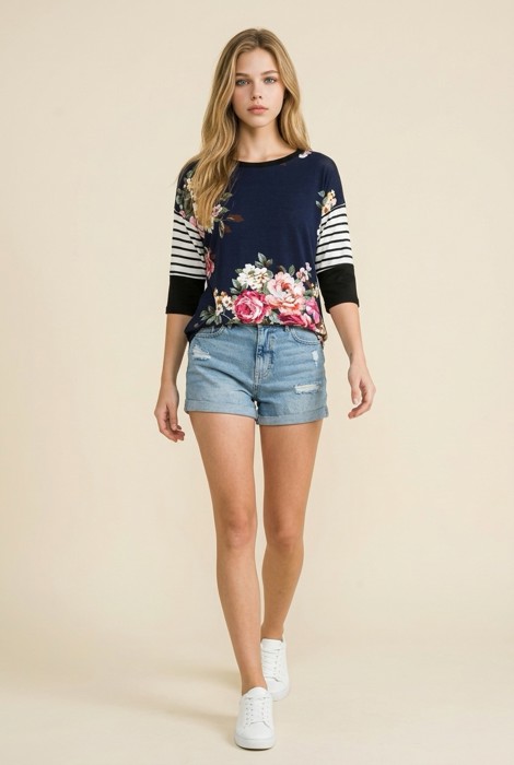 FLORAL TUNIC TOP WITH CONTRAST SLEEVES