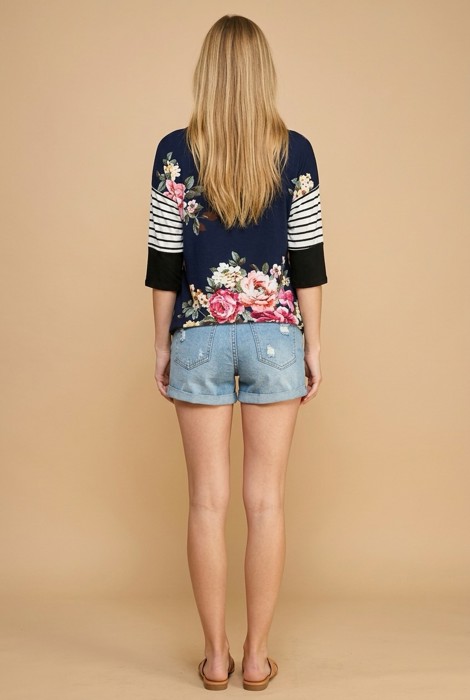 FLORAL TUNIC TOP WITH CONTRAST SLEEVES