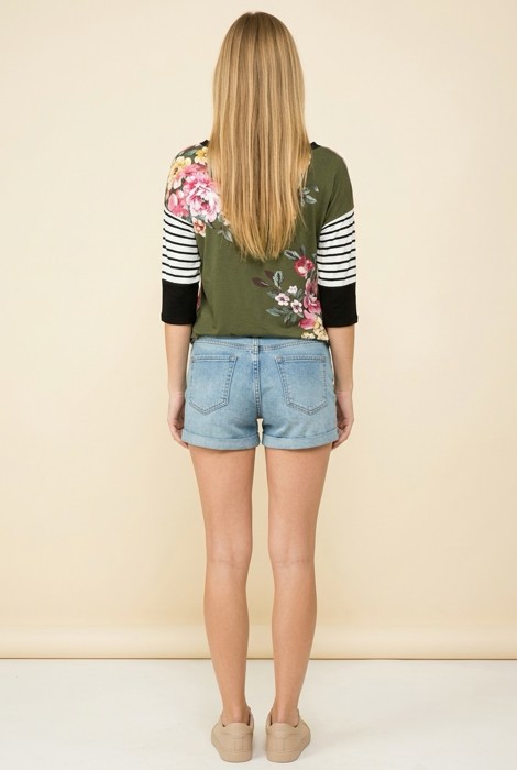 FLORAL TUNIC TOP WITH CONTRAST SLEEVES