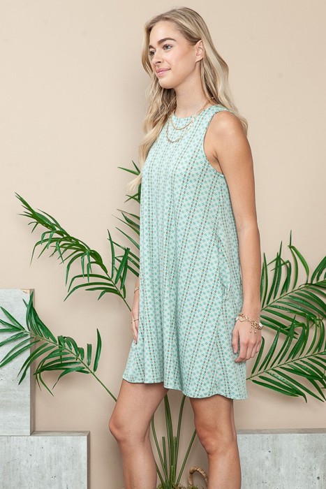 PRINTED CREW NECK SLEEVELESS DRESS WITH POCKETS