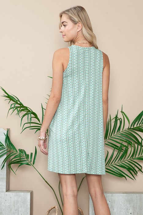 PRINTED CREW NECK SLEEVELESS DRESS WITH POCKETS
