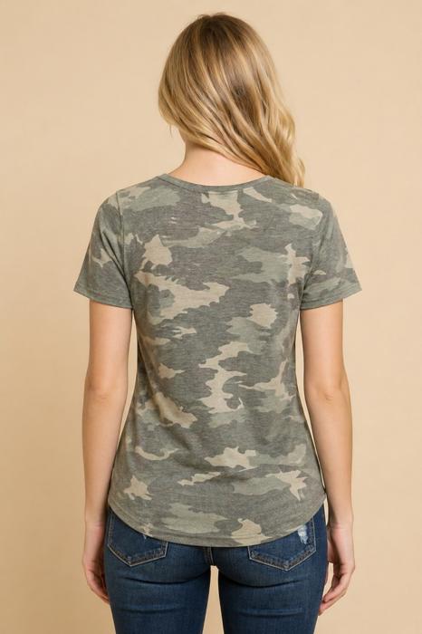 CAMO CHEST CRISS CROSS SHORT SLEEVE TOP