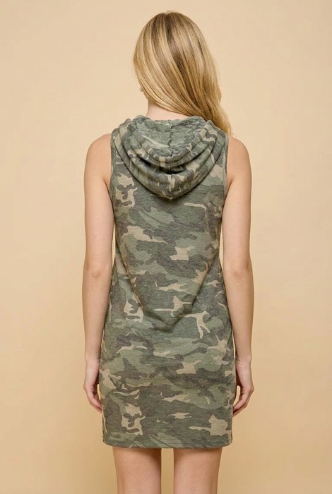 CAMOUFLAGE SLEEVELESS HOODIE DRESS WITH POCKETS