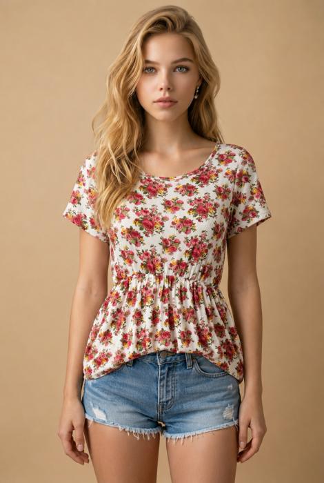 FLORAL SHORT SLEEVE PEPLUM TUNIC TOP