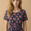 Small NAVY FLORAL SHORT SLEEVE PEPLUM TUNIC TOP
