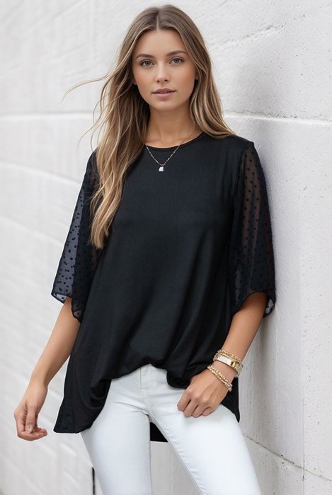SOLID SHORT SLEEVE TOP WITH SWISS DOT SLEEVES 