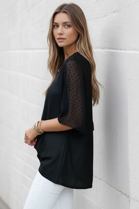 SOLID SHORT SLEEVE TOP WITH SWISS DOT SLEEVES 