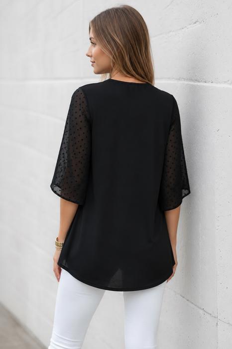 SOLID SHORT SLEEVE TOP WITH SWISS DOT SLEEVES 