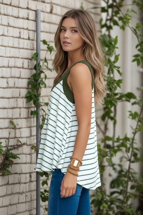 V-NECK TANK TOP WITH STRIPE AND SOLID CONTRAST COLOR BLOCK