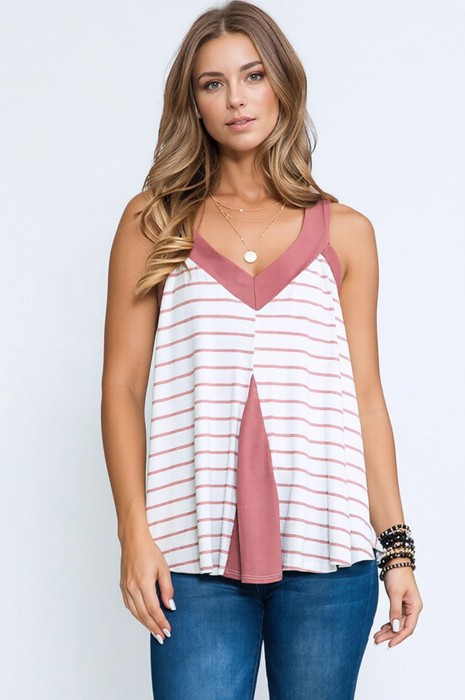 V-NECK TANK TOP WITH STRIPE AND SOLID CONTRAST COLOR BLOCK