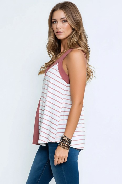 V-NECK TANK TOP WITH STRIPE AND SOLID CONTRAST COLOR BLOCK