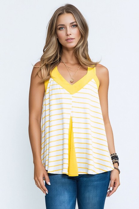 V-NECK TANK TOP WITH STRIPE AND SOLID CONTRAST COLOR BLOCK