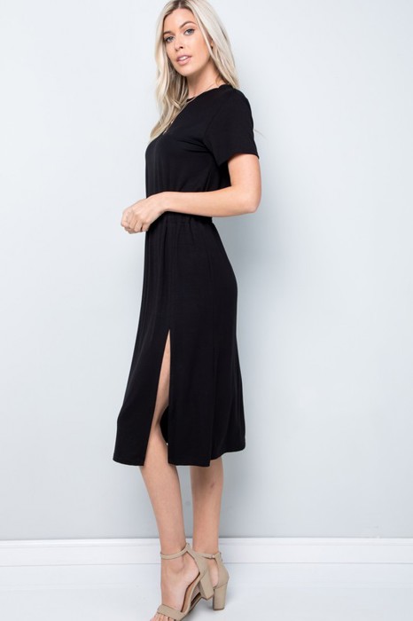 SHORT SLEEVE MIDI DRESS WITH SIDE SLIT