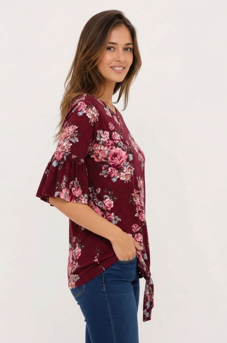 HALF SLEEVE FLORAL TOP WITH FRONT TIE