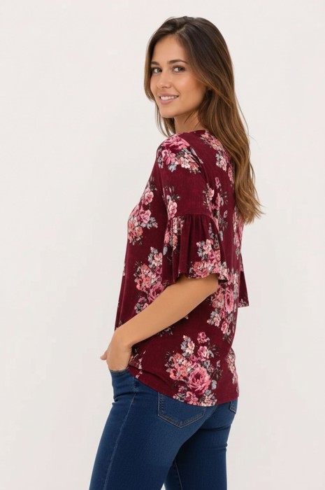HALF SLEEVE FLORAL TOP WITH FRONT TIE