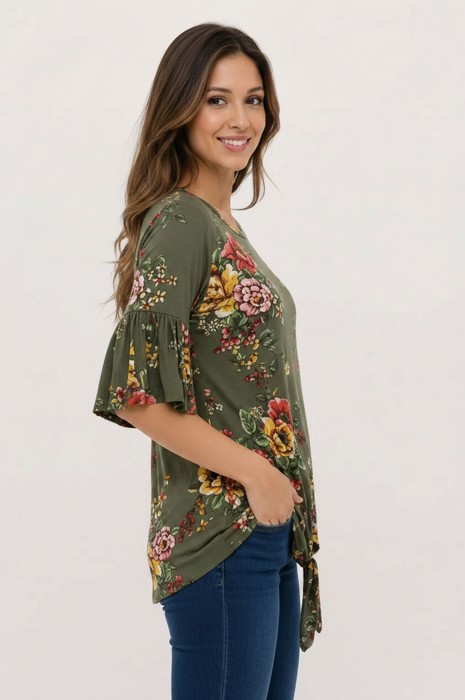 HALF SLEEVE FLORAL TOP WITH FRONT TIE