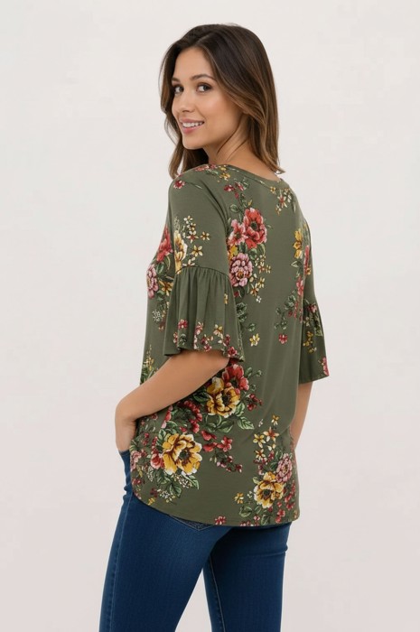 HALF SLEEVE FLORAL TOP WITH FRONT TIE