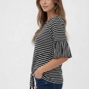 Medium BLACK/WHITE RUFFLE HALF SLEEVE TOP WITH FRONT TIE
