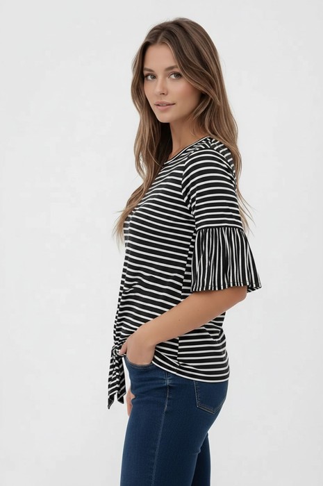 RUFFLE HALF SLEEVE TOP WITH FRONT TIE