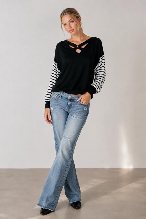 CRISS CROSS CHEST TOP WITH STRIPE SLEEVE CONTRAST