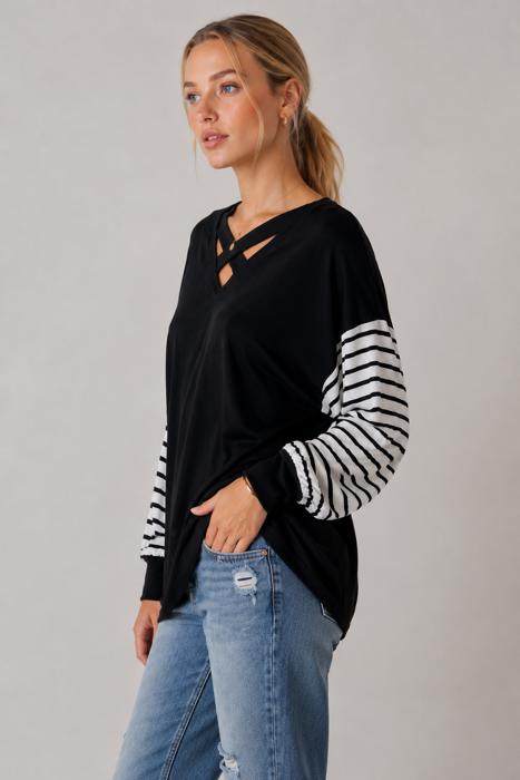 CRISS CROSS CHEST TOP WITH STRIPE SLEEVE CONTRAST