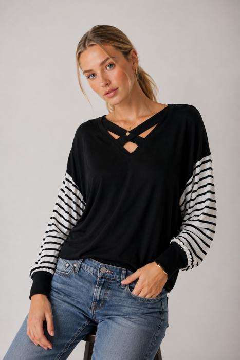 CRISS CROSS CHEST TOP WITH STRIPE SLEEVE CONTRAST