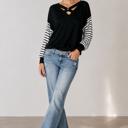 XL BLACK CRISS CROSS CHEST TOP WITH STRIPE SLEEVE CONTRAST