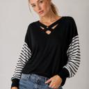 XL BLACK CRISS CROSS CHEST TOP WITH STRIPE SLEEVE CONTRAST