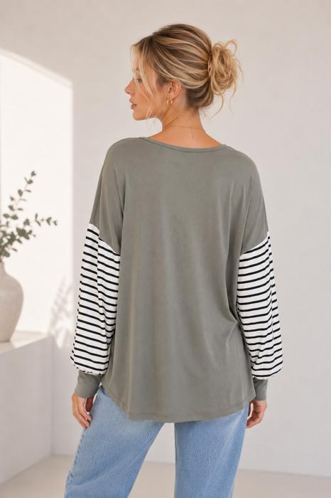 CRISS CROSS CHEST TOP WITH STRIPE SLEEVE CONTRAST