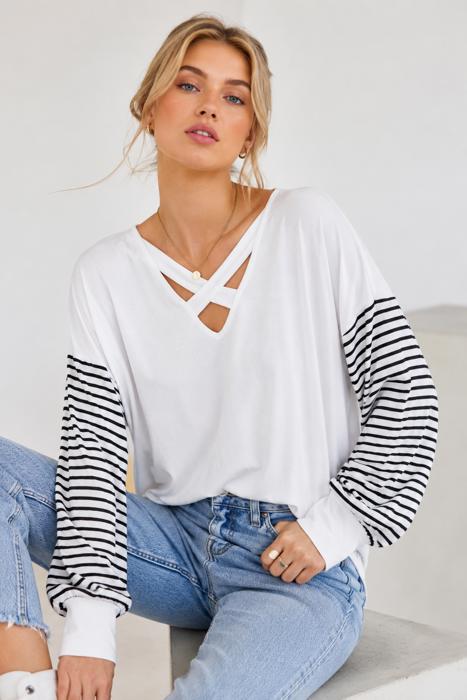 CRISS CROSS CHEST TOP WITH STRIPE SLEEVE CONTRAST