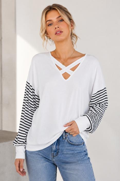 CRISS CROSS CHEST TOP WITH STRIPE SLEEVE CONTRAST