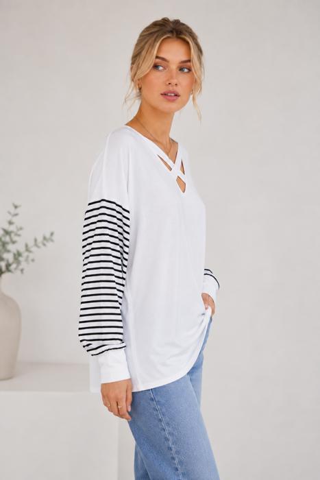 CRISS CROSS CHEST TOP WITH STRIPE SLEEVE CONTRAST