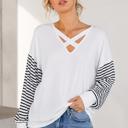 Large WHITE CRISS CROSS CHEST TOP WITH STRIPE SLEEVE CONTRAST