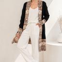 Small BLACK SOLID OPEN CARDIGAN WITH AZTEC PRINT CONTRAST