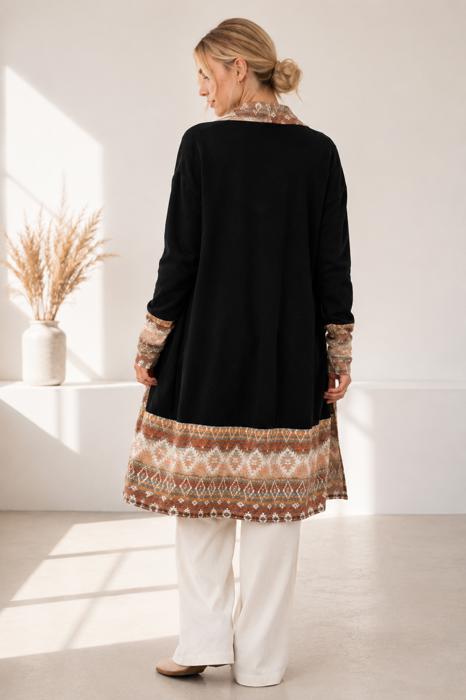 SOLID OPEN CARDIGAN WITH AZTEC PRINT CONTRAST