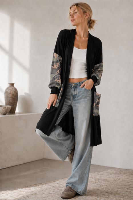 MIDI OPEN CARDIGAN WITH ANIMAL CONTRAST DETAIL