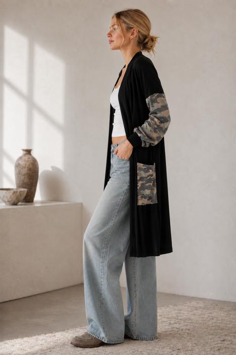 MIDI OPEN CARDIGAN WITH ANIMAL CONTRAST DETAIL