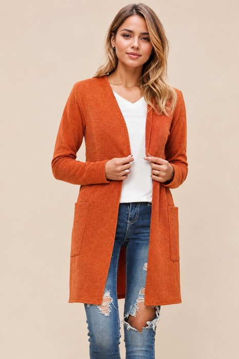 LIGHTWEIGHT MIDI OPEN CARDIGAN WITH FRONT POCKETS