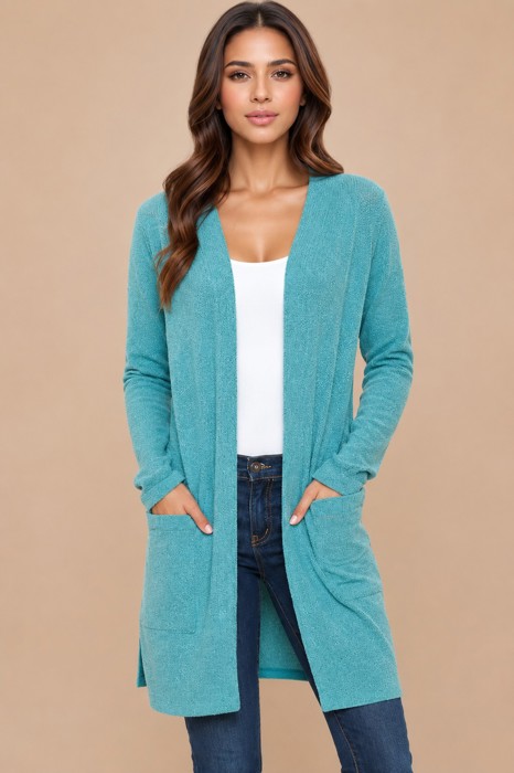 LIGHTWEIGHT MIDI OPEN CARDIGAN WITH FRONT POCKETS